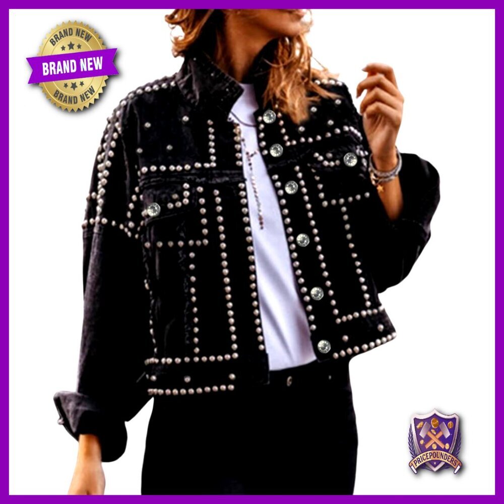 Studded Denim Jacket Long Sleeve Western Chic Casual Loose Fit Y2K Retro